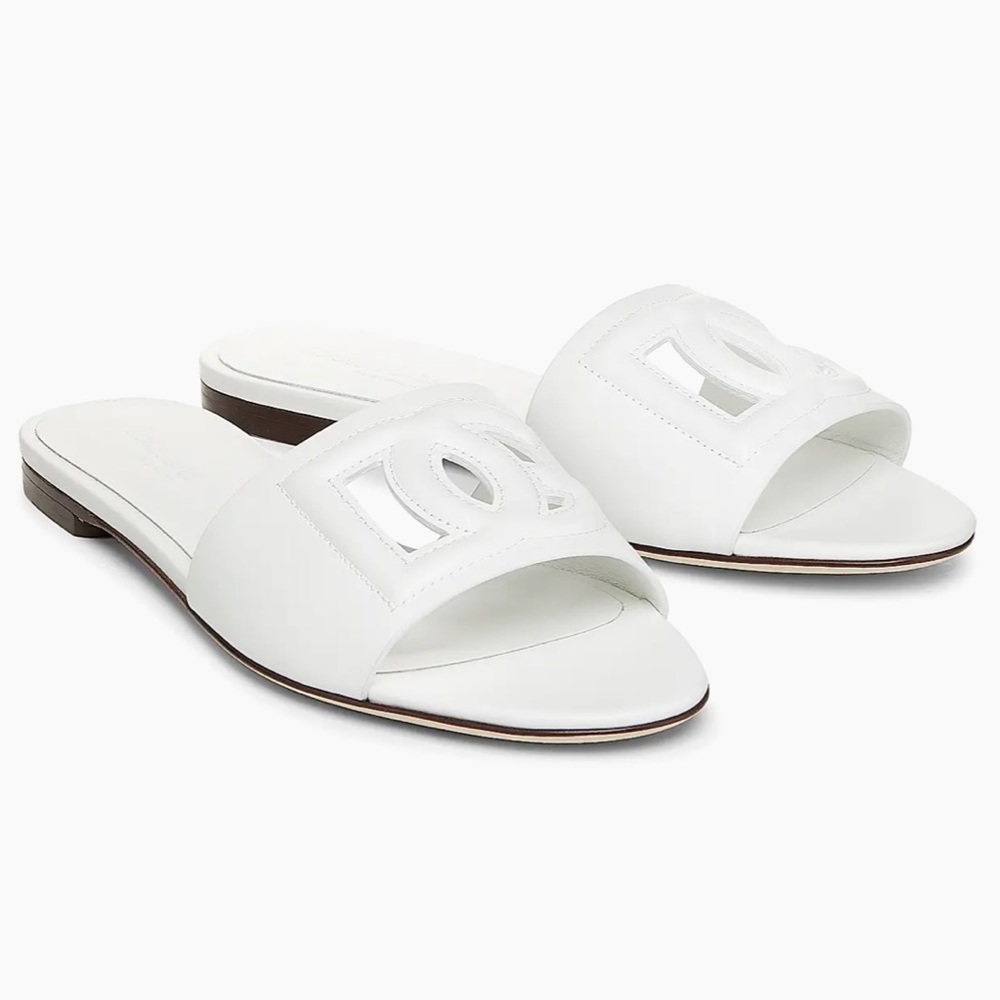 Dolce & Gabbana White Leather DG Logo Slide Sandals - Size 7.5 (37.5)